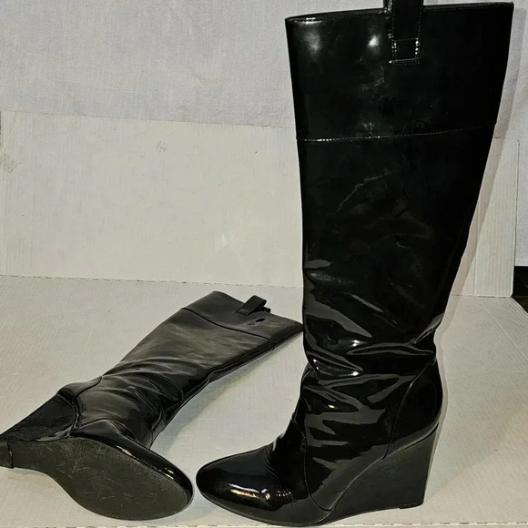 J Vincent Patent Leather Hidden Wedge Black Grunge,Goth Knee High Boots SZ 9M - Picture 5 of 12